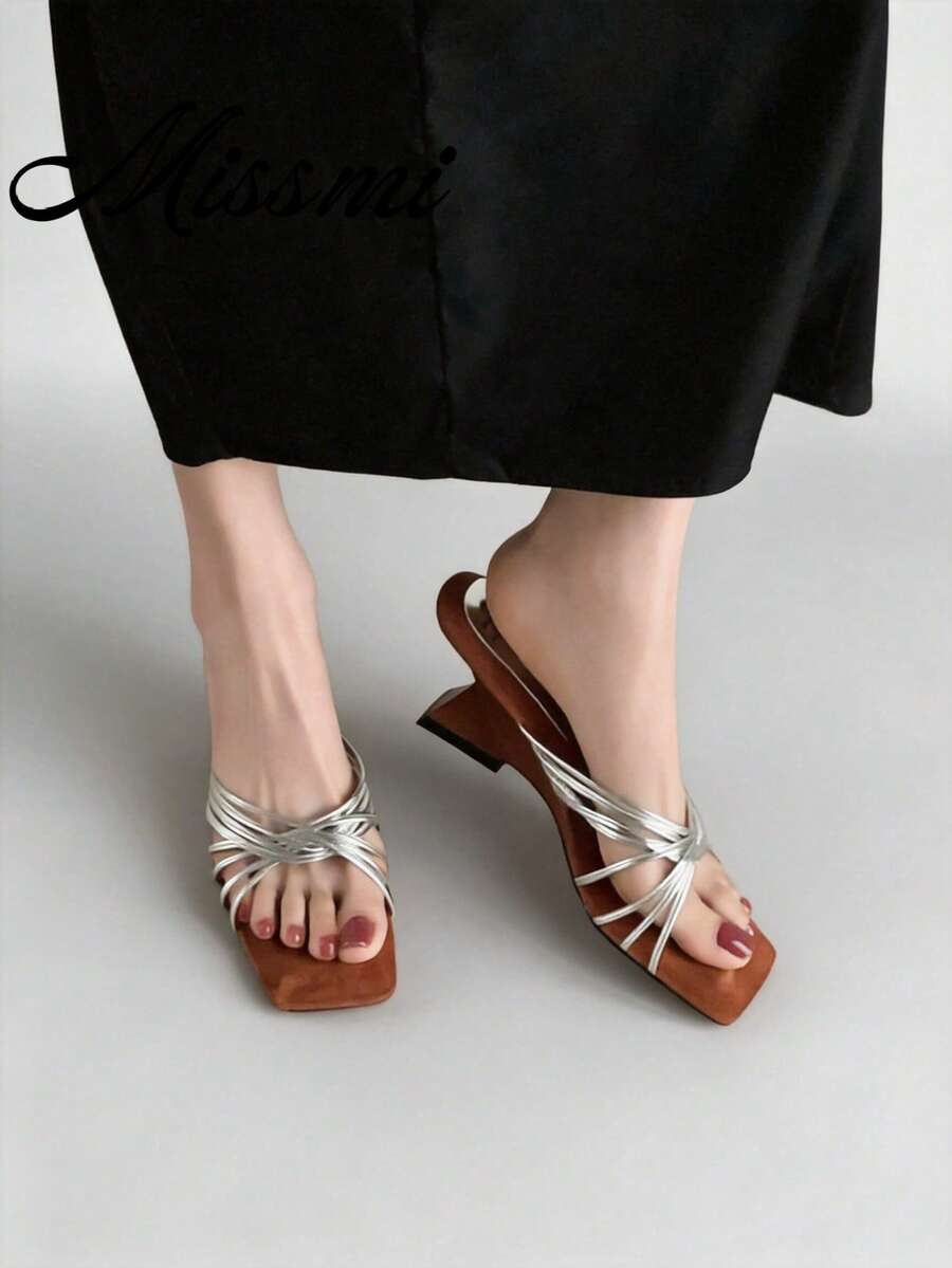 French Style 5.5cm Wedge Heel Thin Strap Woven Hollow Out Breathable Summer Open Toe Soft Sole Comfortable Roman Sandals - Silver - View 1