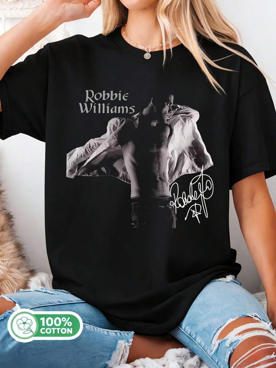 Unisex Pop Music Style Retro Graphic Cotton T-Shirt By Robbies Williams - Black - View 1