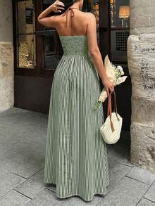 Halter Neck Striped Backless Dress Available In Multiple Colors - Green - View 5