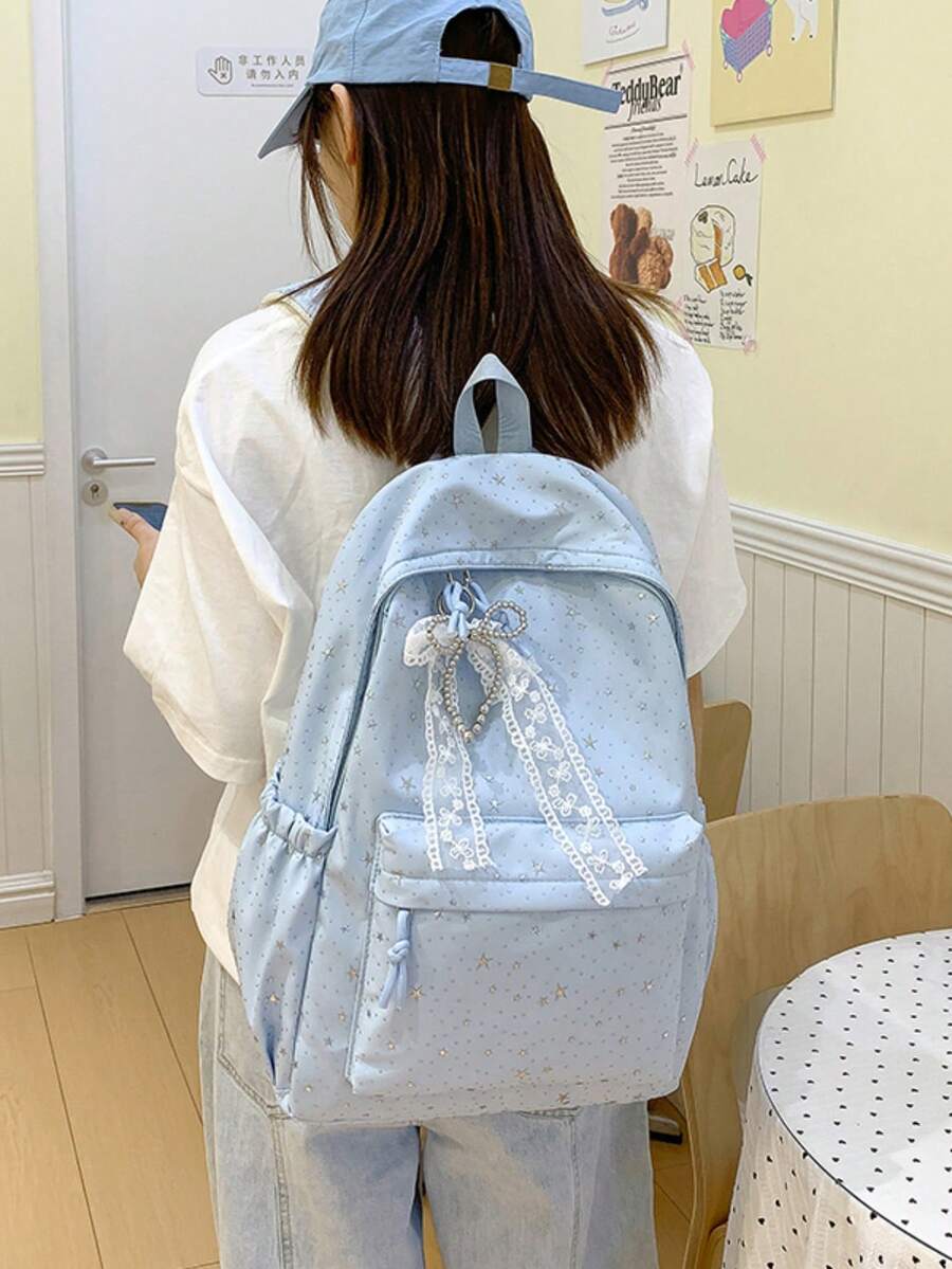 1pc Girls Starry Pattern Nylon Zipper Closure Fashion Backpack Student School Bag Suitable For All Seasons Daily Use Without Pendant