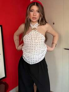 Elegant Women's Summer Outing Vintage Polka Dot Print Metal Buckle Camisole Tank Top Casual Beach Style Apparel White - White - View 3