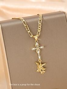 1pc Catholic Vintage Double Pendant Necklace, Unisex Design. Featuring A Sparkling Zirconia-Inlaid Cross And Infinity Symbol Combination, Symbolizing Eternal Faith, Paired With St. Michael Archangel Pendant. Equipped With A 50cm Classic Figaro Chain, Comfortable And Versatile. Symbolizing Protection And Devotion, Ideal Gift For First Communion And Catholic Baptism. - Yellow Gold - View 10