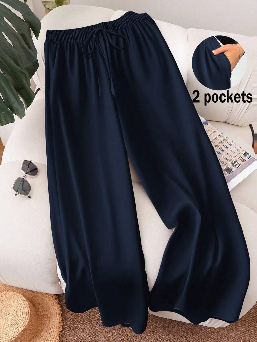 [Free Shipping]Plus Size Striped Heart Print Straight Leg Pants Women's Summer Pants Cute Pants For Woman Pants For Women Casual Wide Leg Pants Woman High Waist Women Pants - 藏蓝色 - 查看 1