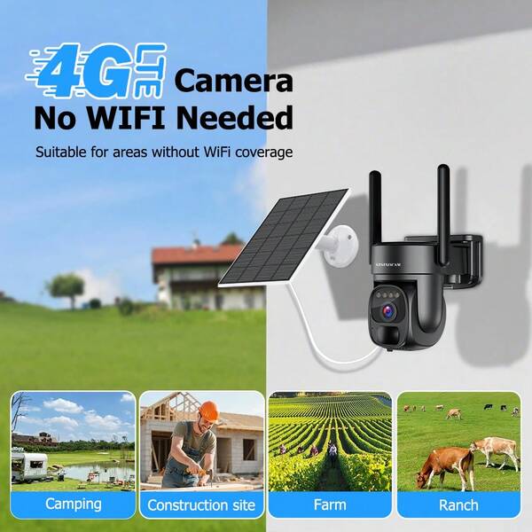 1 ud. Cámara exterior solar 4G‑LTE 1080P, sin necesidad de WiFi, giro PTZ 360°, detección de movimiento PIR, visión nocturna alta resolución, audio bidireccional, instalación sencilla