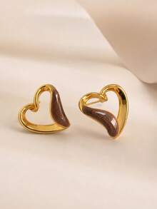 1 Pair Minimalist Hollow Heart Design Earrings For Women, Versatile Sweet Earrings For Work, Dating, Daily Wear - Gold - View 3