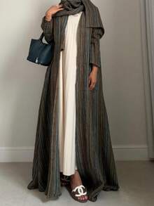 1pc Women's Long Robe, Vintage Striped Women's Long Robe, Breathable Long Sleeve Cardigan Fall - Green - View 3