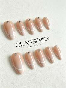 CLASSFREN Handmade Press-On Nails, Nude Pink Gradient Fine White French Line Rhinestone Embellished Style, 10pcs Short & Medium Square & Medium Almond Fake Nails, Reusable High Gloss Acrylic Artificial Nails, Suitable For Women's Daily And Office Use - Multicolor - View 3