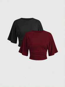Set de 2 camisetas de algodón al 95% cómodas con mangas de murciélago, cintura con cordón y corte cropped, de unicolor para el verano - Multicolor 4 - Ver 1