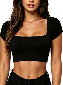 Womens Crop Tops Short Sleeve Cross Wrap V Neck Solid Color Ribbed Slim Fit Summer Shirt - Black - View 2