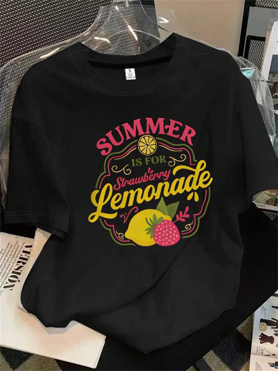 Top de mujer de manga corta y cuello redondo con estampado del logotipo de una empresa de frutas y verduras, apto para todas las estaciones. - Negro - Ver 1