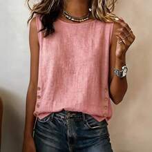 2026 Summer New Women's Round Neck Casual Loose Button Cotton Linen Solid Color T-Shirt - White - View 3
