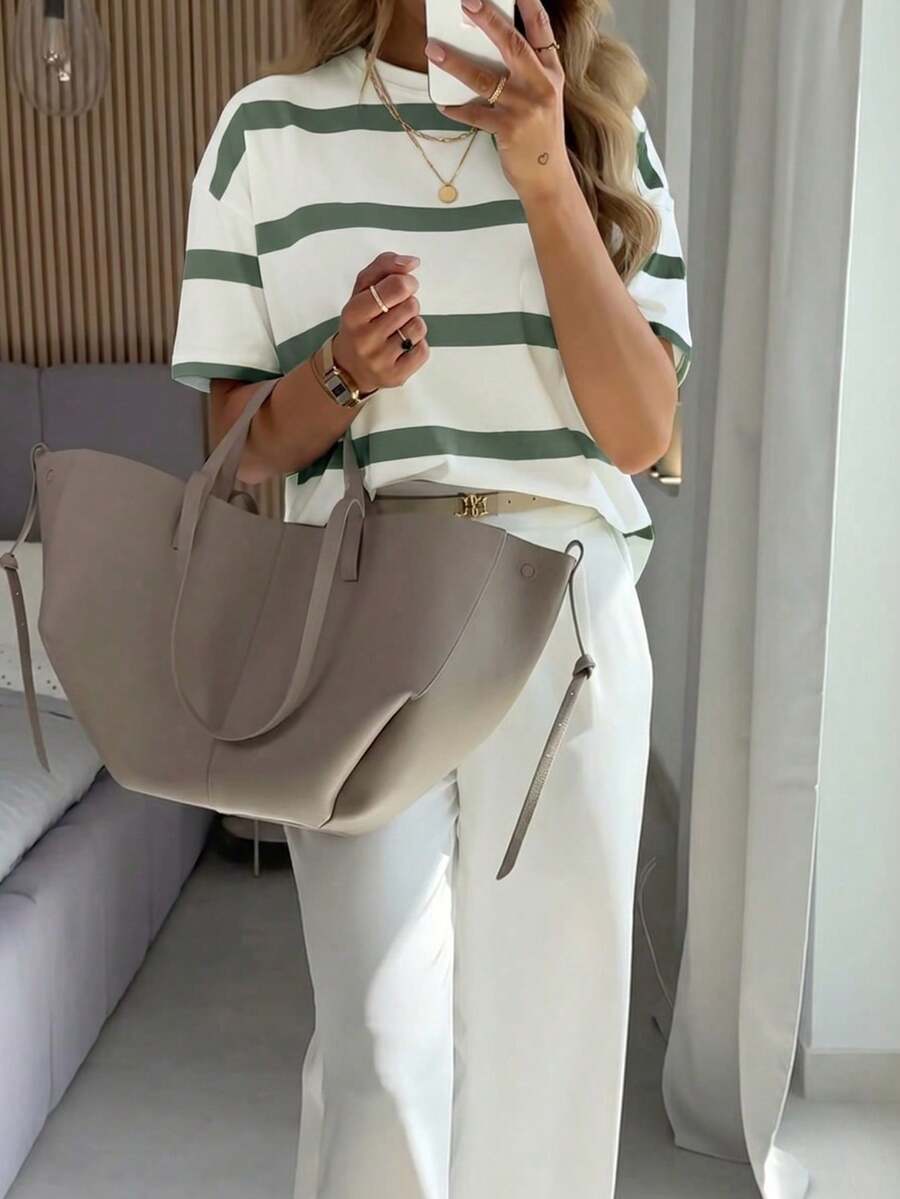 Top de manga corta holgado con rayas, estilo informal coreano para primavera y verano - Verde militar - Ver 1