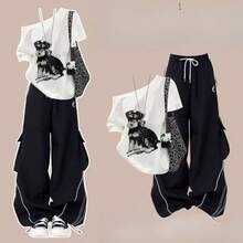 Women Two-Piece Outfits - White T-shirt (accessories Not Included) + Black Cargo Pants - View 3
