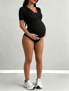 Maternity Sexy Bodysuit, Fashionable Design, Comfortable Stretchy Fabric, Versatile For Summer Outerwear And Winter Layering Black - Black - View 1