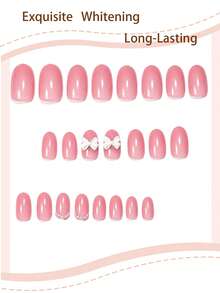 24er Set romantische elegante weiße Perlen-Schleife rosa vollflächige Press-On-Nägel, elegantes künstliches Nagelset für Frauen und Mädchen, geeignet für Party, Büro und täglichen Gebrauch, inklusive 1 Klebeblatt, 1 Mini-Nagelfeile, Gelee-Kleber wird zufällig geliefert - Wassermelonenrosa - Übersicht 2