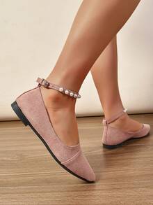 2026 Fashion Wedding Party Shoes, Decorated With Faux Pearl Chains, Radiating Elegant Elegant. Low Heel, Spring/Summer New Style, Soft Wind Pearl Single Buckle Mary Jane Shoes, Flat Suede Pointed Toe Shoes, Suitable For Plus Size, Work Or Casual Wear, Suitable For Students, Non-Irritating Flat Shoes, Soft Sole Comfortable, Suitable For Dates, Vacations And Daily Wear - Pink - View 6