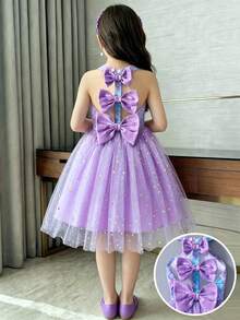 Gaun Putri Duyung Leher Halter untuk Anak Perempuan, Gaun Tulle Tanpa Lengan Motif Sisik Ikan Gradien, Pakaian Liburan Pesta Pantai - Purple - View 5