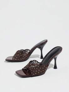 Jin Bei Qi Women's Slip-On Luxury Mesh Rhinestone Embroidered Square Toe Fan-Shaped Textured High-End Comfortable Wine Glass Heel Open Toe Sexy High Heel Party Shoes Brown - Brown - View 6