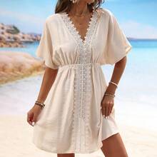 Faux Silk Beach Dress With Lace And Ruffles; Top To Pair With A Bikini - Apricot - View 1