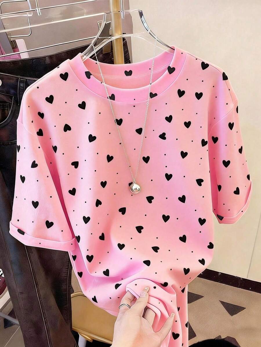 Camiseta de cuello redondo de manga corta casual con estampado gráfico de corazón, regalo para amigos - Rosa 2 - Ver 1