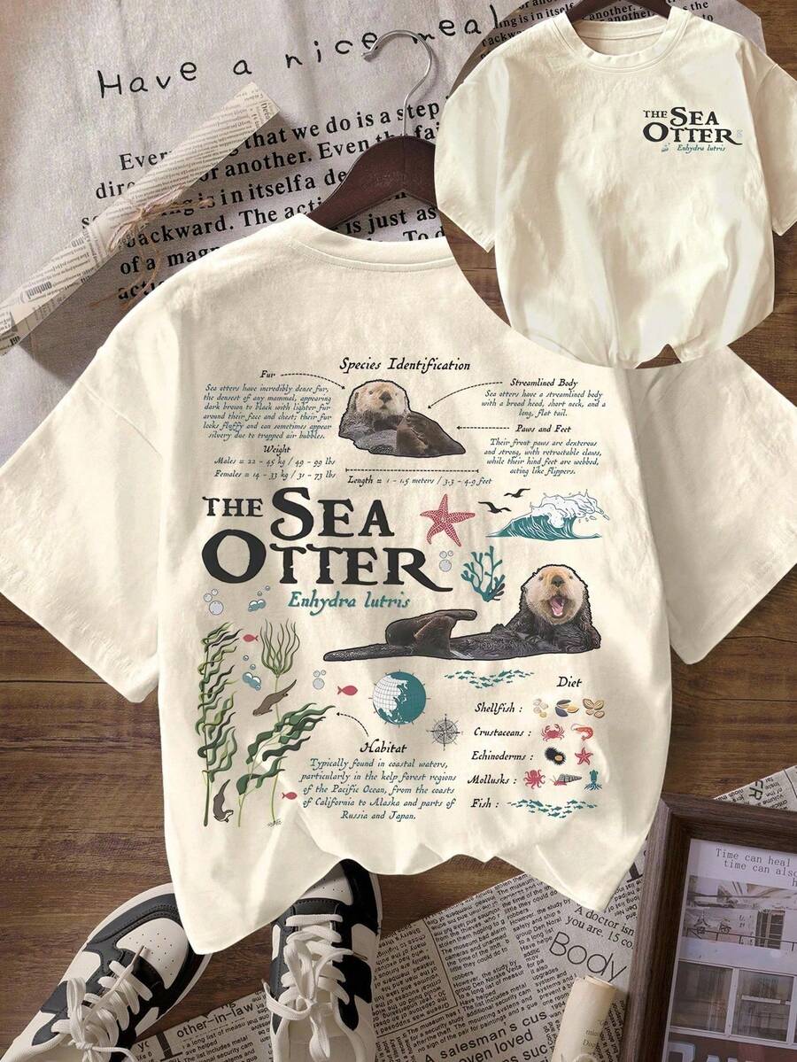 Vintage Sea Otter Biology T-Shirt, Casual Round Neck Short Sleeve T-Shirt, Plus Size T-Shirt - Women's Casual Round Neck Short Sleeve T-Shirt, Summer White - 紅色 - 查看 1