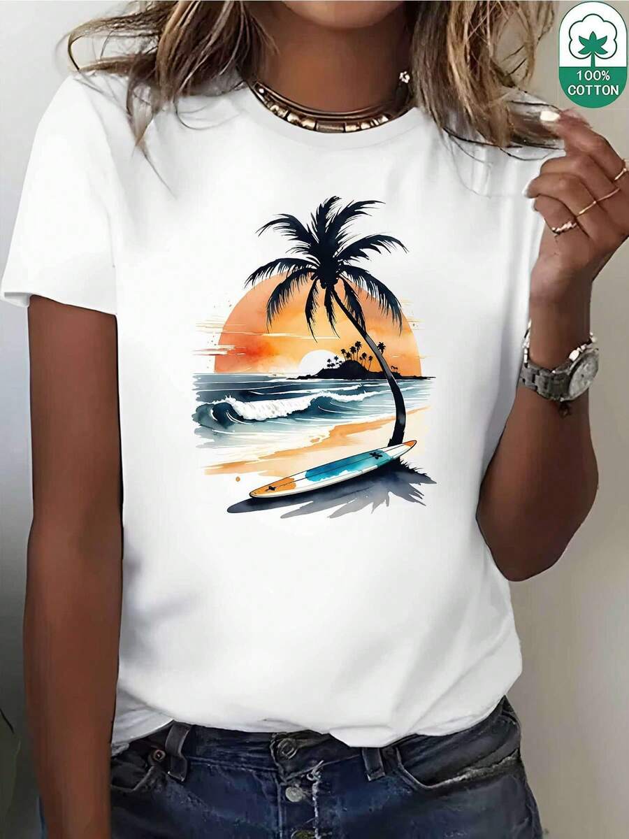 Women's Casual Holiday T-Shirt, Fashionable Summer T-Shirt With Sunset Beach And Coconut Tree Print, 180g Pure Black And White Regular Fit T-Shirt, Comfortable And Stretchy, Suitable For Daily Travel, Casual Summer Wear, Plus Size, Ideal For Outings, Streetwear And Everyday Wear. - 白色 - 查看 1
