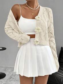 [Floral Crochet Cardigan] Spring 2026 Spring/Summer Women's Handcrafted 3D Floral Embellishment Western Fashion Elegant Solid Lace Crochet Cardigan Top Jacket Women's, Suitable For Daily Wear And Commuting, Spring Outing, All Seasons, Versatile Style - Màu be - Xem 2