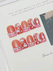 10 piezas de uñas postizas cuadradas hechas a mano, uñas acrílicas cortas rosa con degradado francés DIY, con tachuelas de strass florales 3D, uñas falsas DIY estilo Y2K de verano, pegatinas de uñas, adecuadas para fiesta, uso diario, citas, atuendos de vacaciones tropicales, regalo para mujeres y niñas, suministros de arte de uñas - Rosa - Ver 5