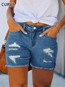 Shorts vaqueros ajustados de talla grande, pantalones cortos casuales para el verano, shorts ultra cortos y ajustados de estilo sexy - Azul lavado oscuro - Ver 1