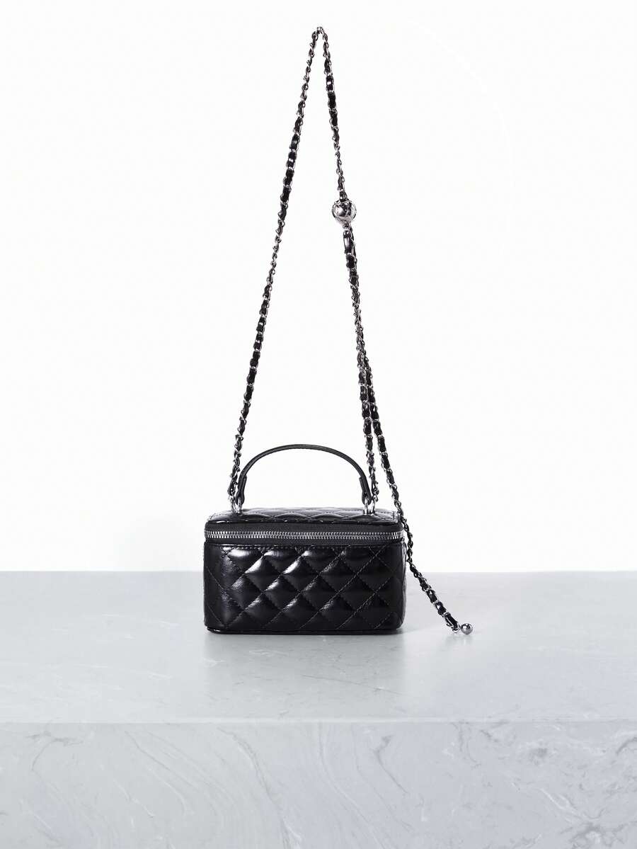 CHICVUE 1pc Fashionable PU Quilted Embroidered Box Bag, Versatile Zipper Closure Small Square Handbag With Chain Strap For Women - Black - View 1