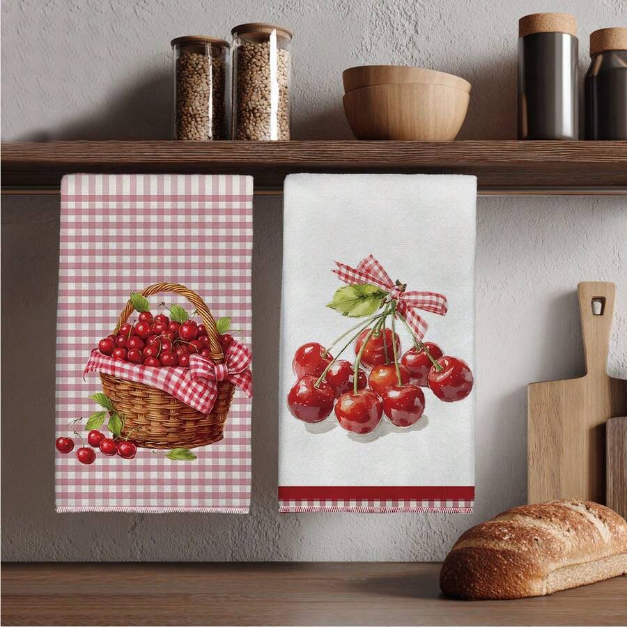 2PCS Kitchen Towels Red Plaid Cherry Pattern, 40*60cm Country Farm Style Rectangular Dishcloth, Tablecloth, Hand Towel, Kitchen Decor, Neighbor Housewarming Gift, Kitchen Napkin And Dishcloth, Home Decor Gift - Red - View 1
