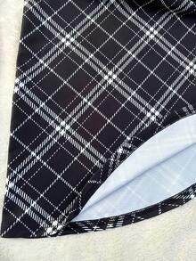 New High Waisted Skirt With Drawstring And Check Print, Versatile And Fluffy A-Line - Black and White Lines - View 5