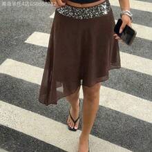Fengyu Women's Clothing Store Falda asimétrica con volantes y parches de lentejuelas de estilo vintage Y2K romántico para vacaciones, ropa de verano, ropa de playa y vacaciones para mujeres - Marrón - Ver 6