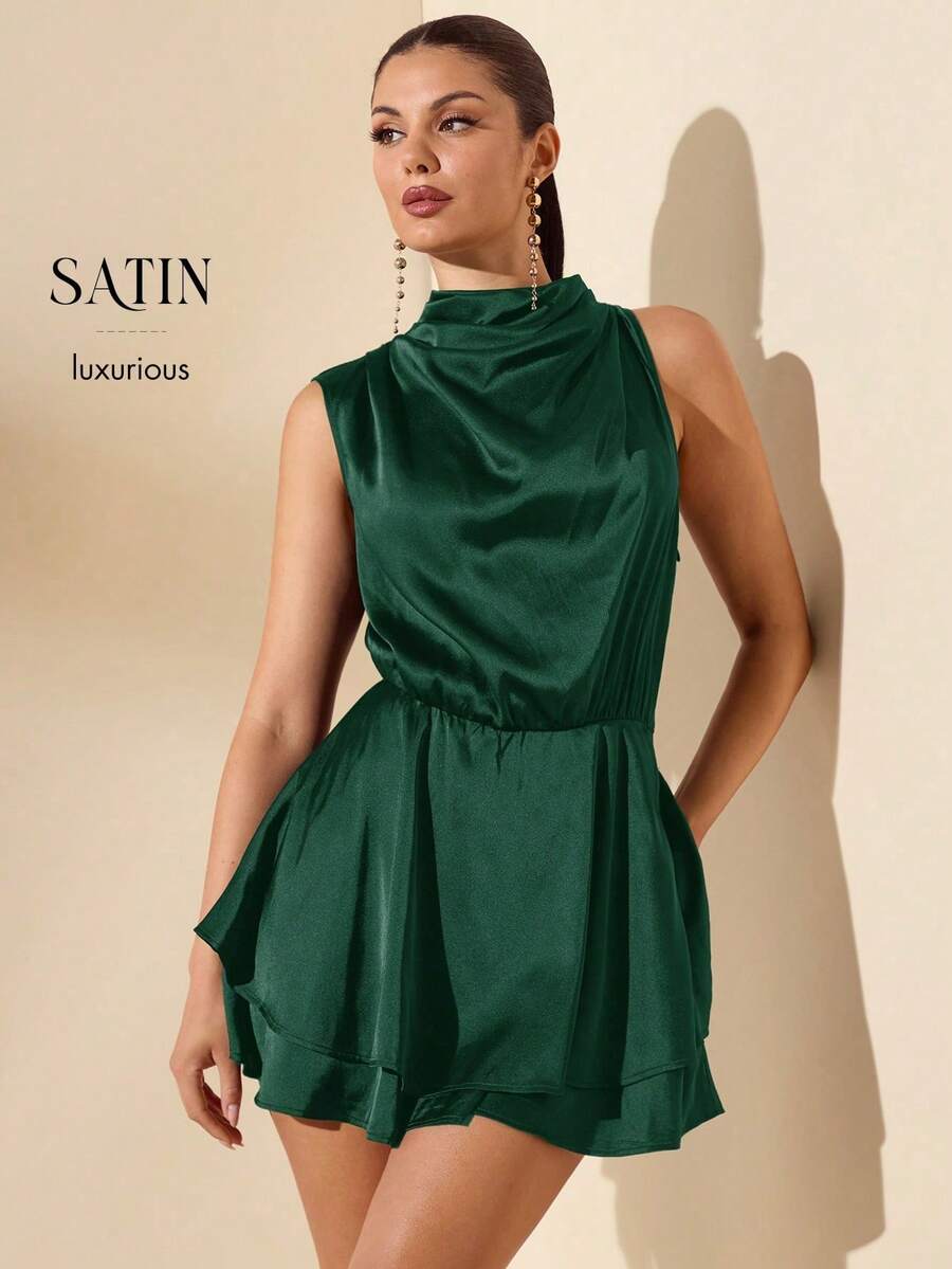 xheSHEIN Mono de satén liso para mujer, mono con cuello asimétrico y volantes en el bajoxhe - Verde Oscuro - Ver 1