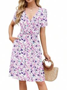 Womens Summer Dresses For Women 2026 Spring Floral Sundress Short Sleeve V Neck Wrap Dress With Pockets Festival Outfits Elegant Dress For Women Dress For Women - 08 紫色花卉 - 查看 1