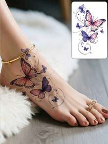 5-Piece Cute And Fashionable Couple Colored Butterfly Rose Pattern Disposable Waterproof Tattoo Sticker, Easy To Apply And Remove, Suitable For Women's Arms, Chest, Feet And Legs, Perfect For Music Festival Party Decoration - Multicolor - View 2