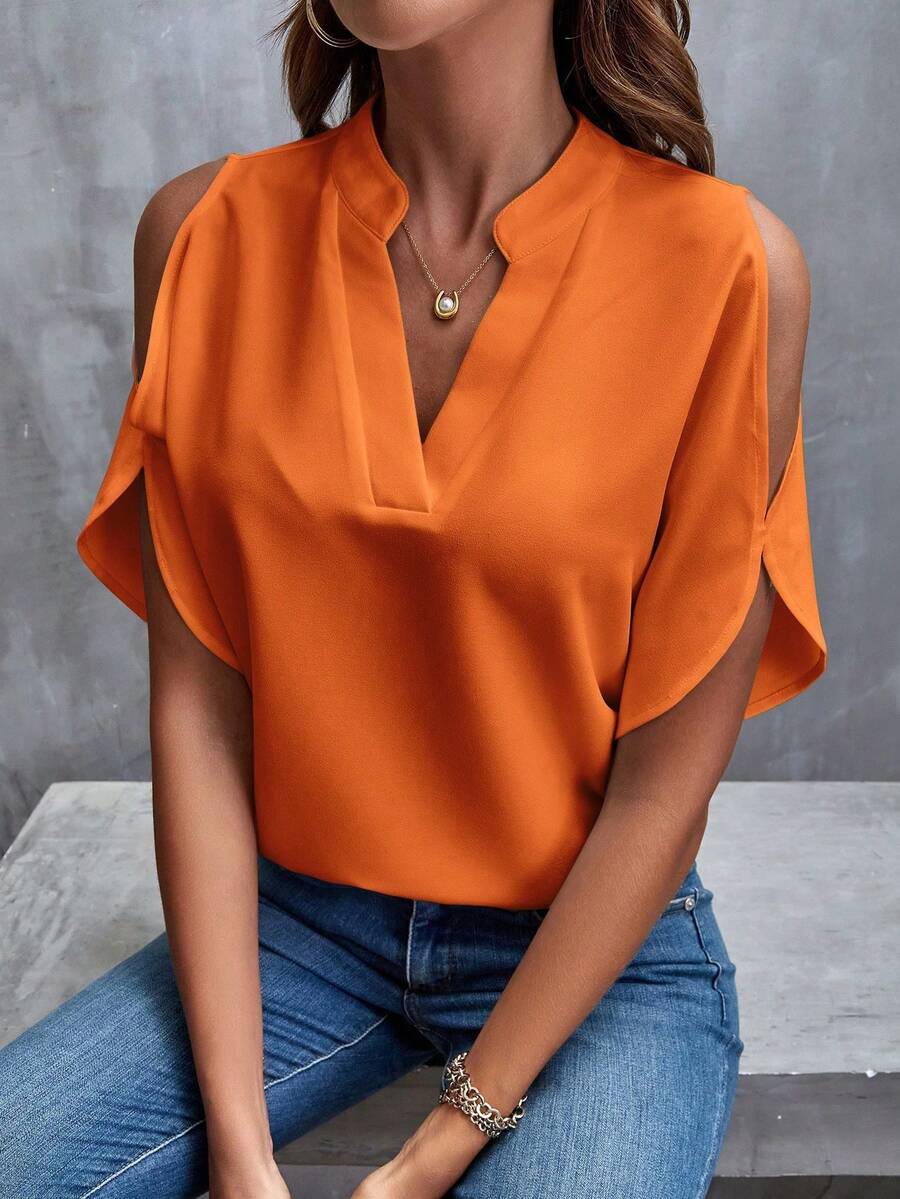 Clasi Blusa de camisa blanca con hombros descubiertos y manga dividida - Naranja - Ver 1