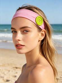 1pc Solid Color Sweatband, Paired With Button Decor, Fashionable Women Headband, Dopamine Headband, Hair Accessory - Pink - View 2