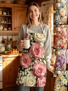 1pc, Pink Rose And Yellow Daisy Pattern Polyester Apron, Suitable For Cooking, Baking, And Gardening - Can Be Used As Attire For The Kitchen And Dining. - Multicolor - View 1