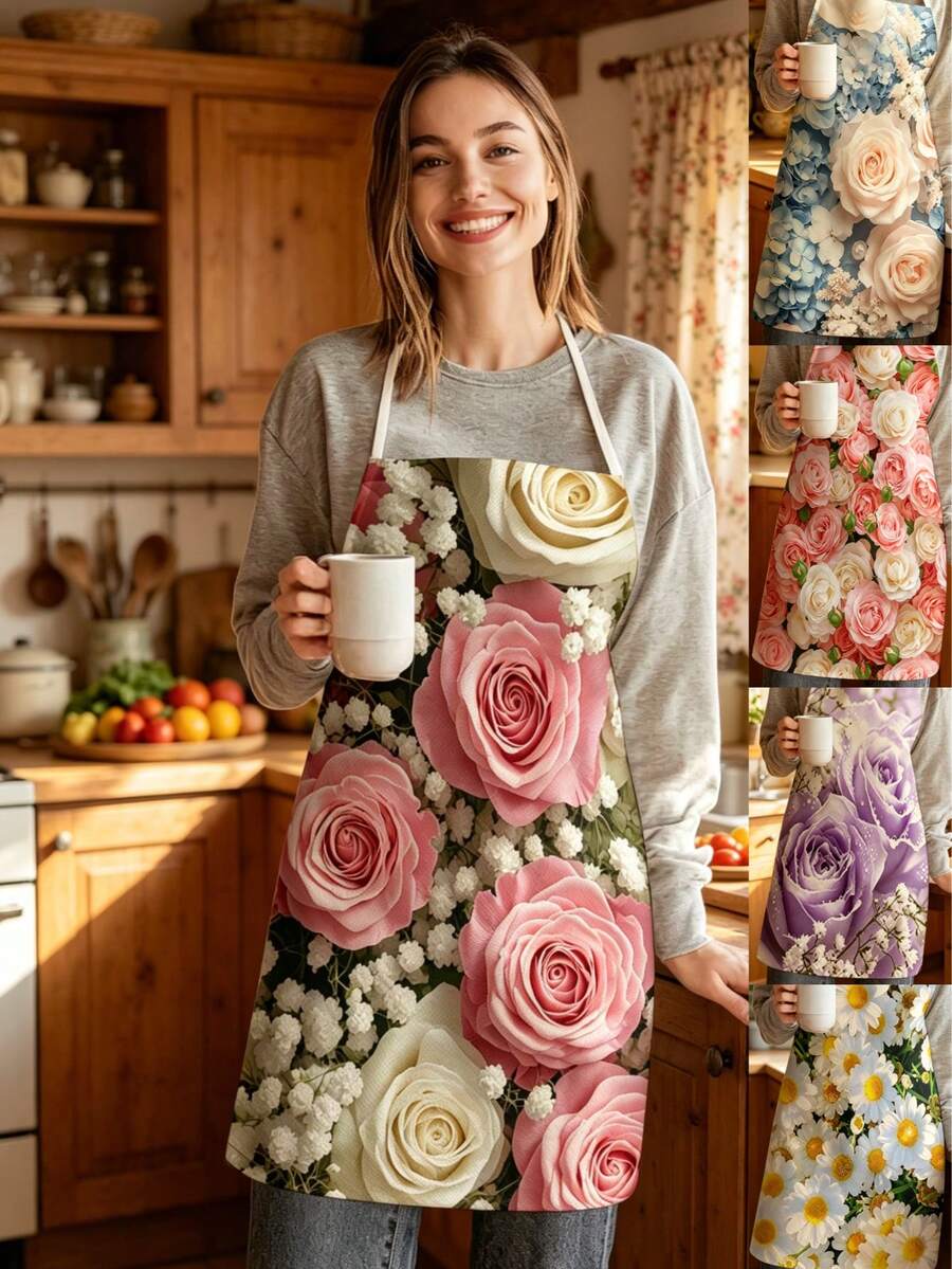 1pc, Pink Rose And Yellow Daisy Pattern Polyester Apron, Suitable For Cooking, Baking, And Gardening - Can Be Used As Attire For The Kitchen And Dining. - Multicolor - View 1