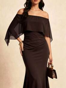 New Fashionable Romantic Elegant Chiffon Shawl Collar Ruched Bodycon Maxi Dress, Solid Color Slimming, Vintage Open Back Party - Brown - View 6