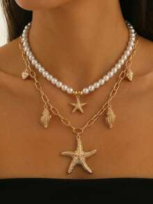 1pc New Creative Summer Beach Vacation Party Fashion Elegant Ocean Vacation Style Multilayer Pendant Necklace, Suitable For Daily Wear, Dates, Parties - Yellow Gold - View 2
