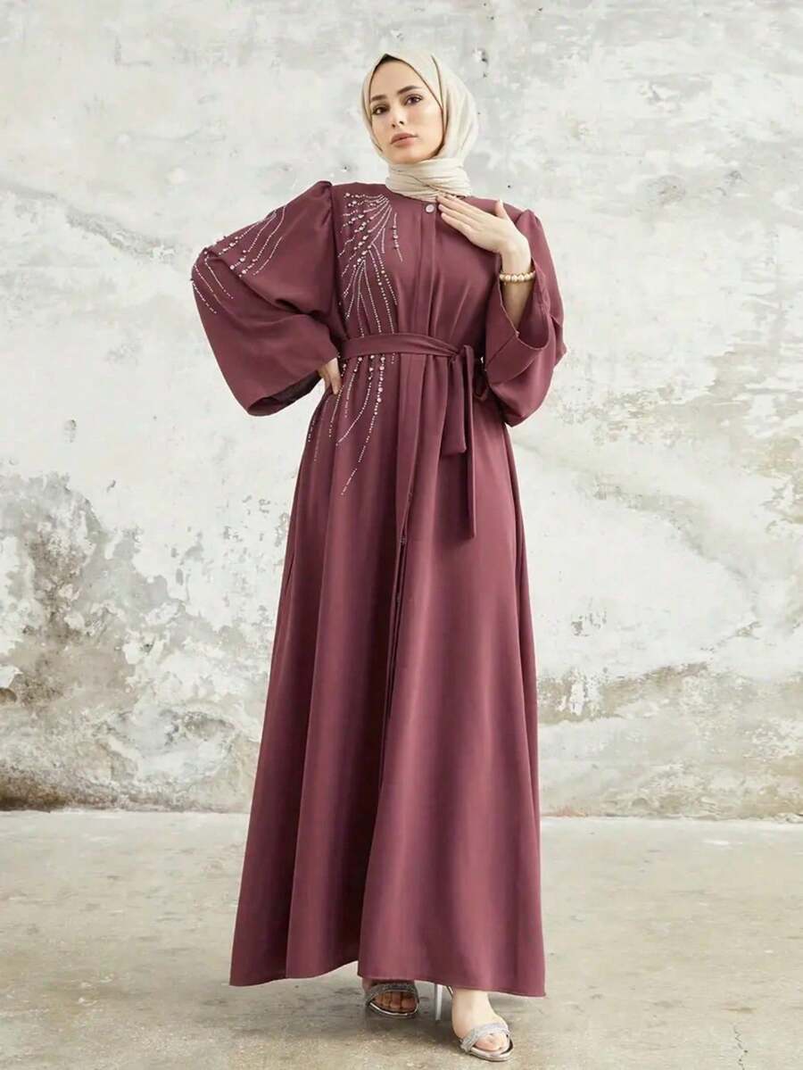 Wine Red Rhinestone Belt Muslim Long Sleeve Full Skirt Dress - Lotus Root Starch - View 1