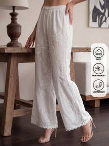Vintage Bohemian Style Beach Cover-Up Pants, White Lace Trim Embroidered Pants, Suitable For Summer Beach And Travel - White - View 1