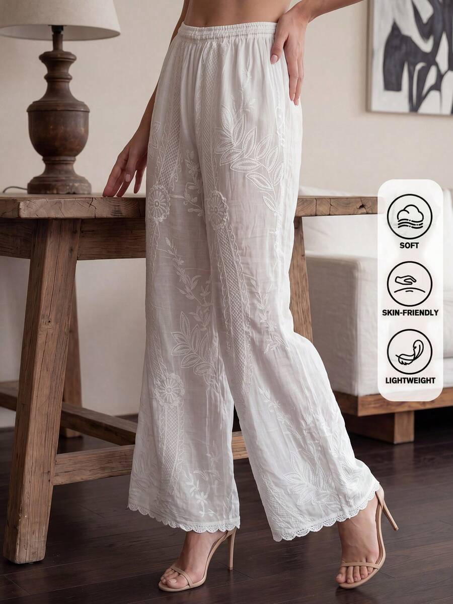 Vintage Bohemian Style Beach Cover-Up Pants, White Lace Trim Embroidered Pants, Suitable For Summer Beach And Travel - White - View 1