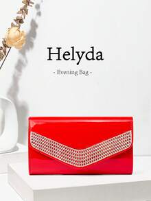 Helyda 1件紅色鏡面PU材質女款手拿包晚宴包，飾有閃亮水鑽，可手提/手持/單肩/斜背，適用於婚禮/派對/舞會/晚宴及其他聚會 - 紅色 - 查看 1