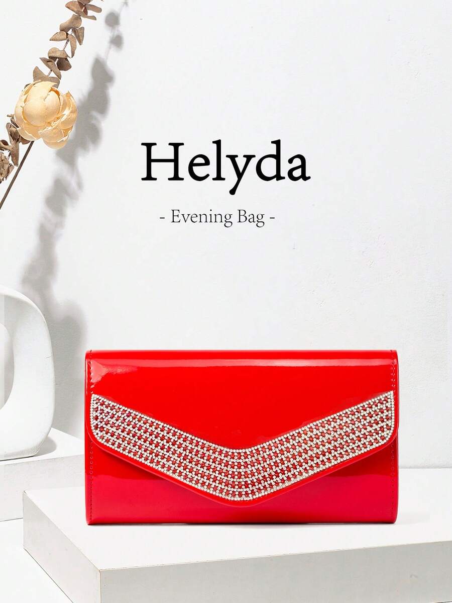 Helyda 1件紅色鏡面PU材質女款手拿包晚宴包，飾有閃亮水鑽，可手提/手持/單肩/斜背，適用於婚禮/派對/舞會/晚宴及其他聚會 - 紅色 - 查看 1