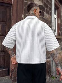 Men's Striped Print Embroidered Front Button Short Sleeve Shirt, Summer - White - View 2