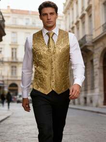 Men's Paisley Jacquard Suit Vest With Necktie - Gold - View 3