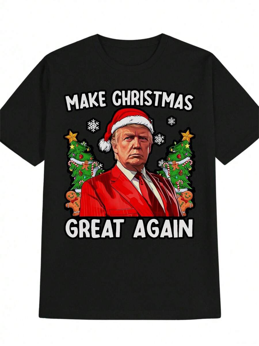 Camiseta Festiva Negra de Navidad para Hombre - "Haz que la Navidad vuelva a ser genial" con diseño de gorro de Papá Noel y árbol, cuello redondo de manga corta informal, poliéster, lavable - Negro - Ver 1